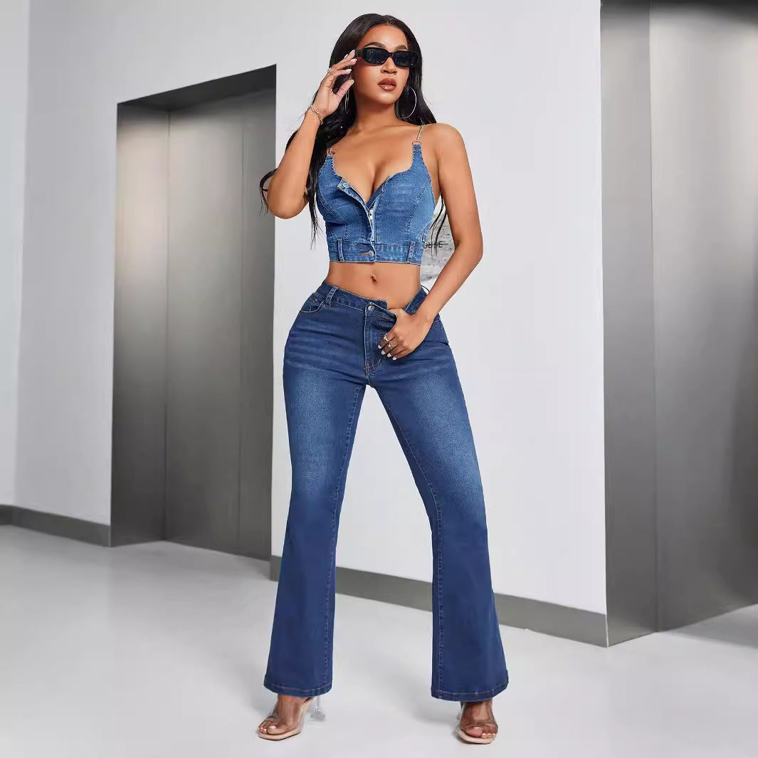 Top en denim cropped pour femme avec décolleté en V et détails de boutons Chic und Stil