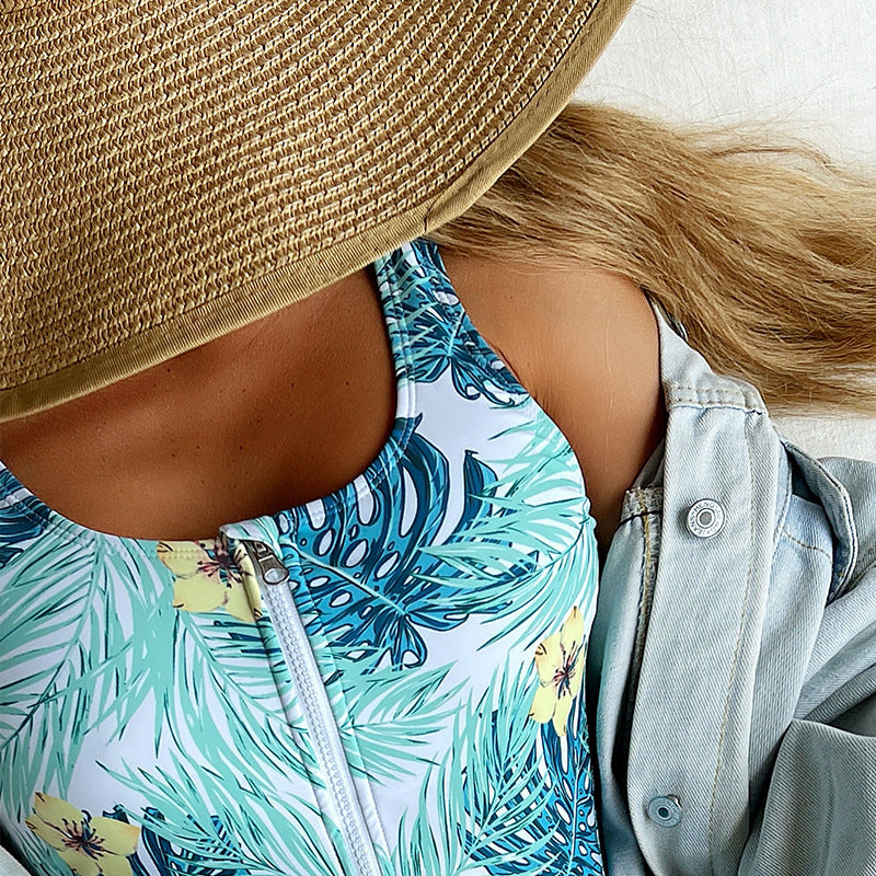 Femme Fermeture éclair Fleurs Combinaison Maillot de bain Chic und Stil