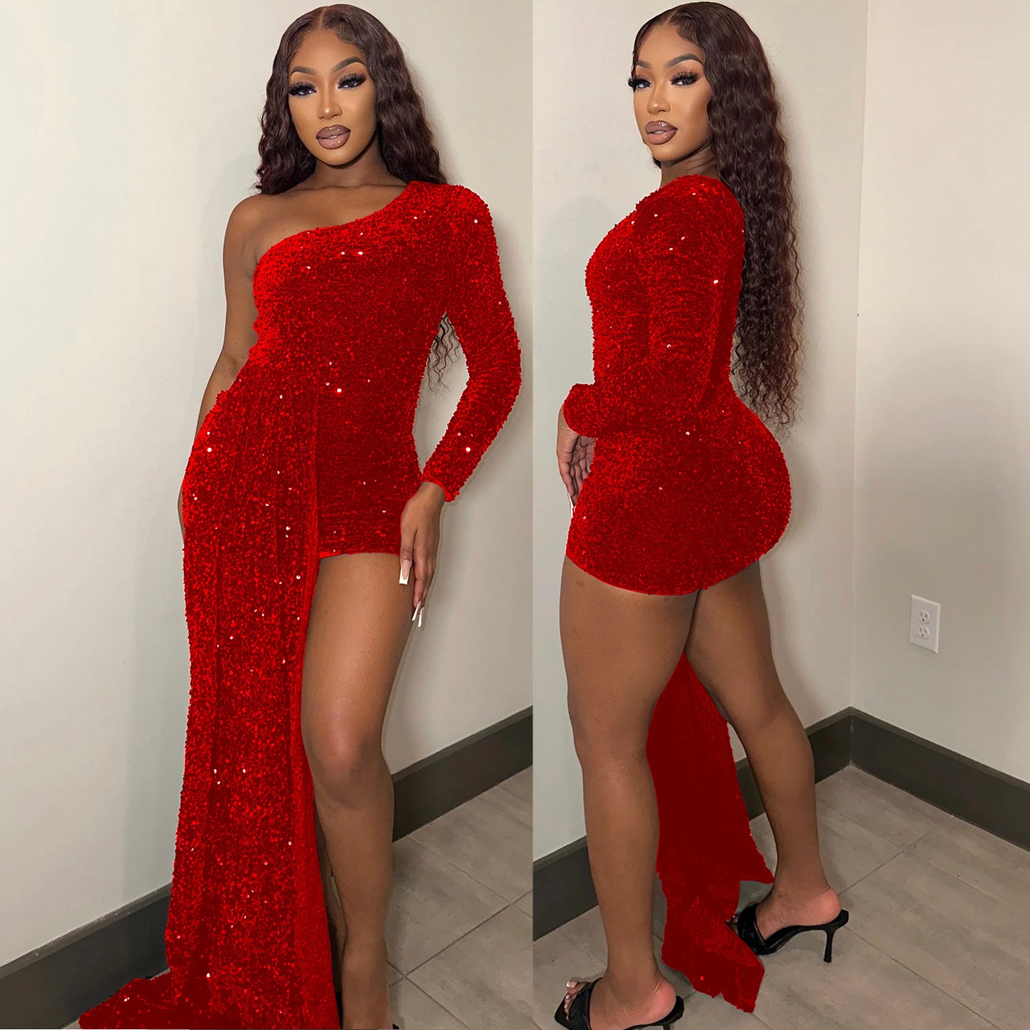 Robe de soirée élégante à paillettes à une épaule pour femmes Chic und Stil
