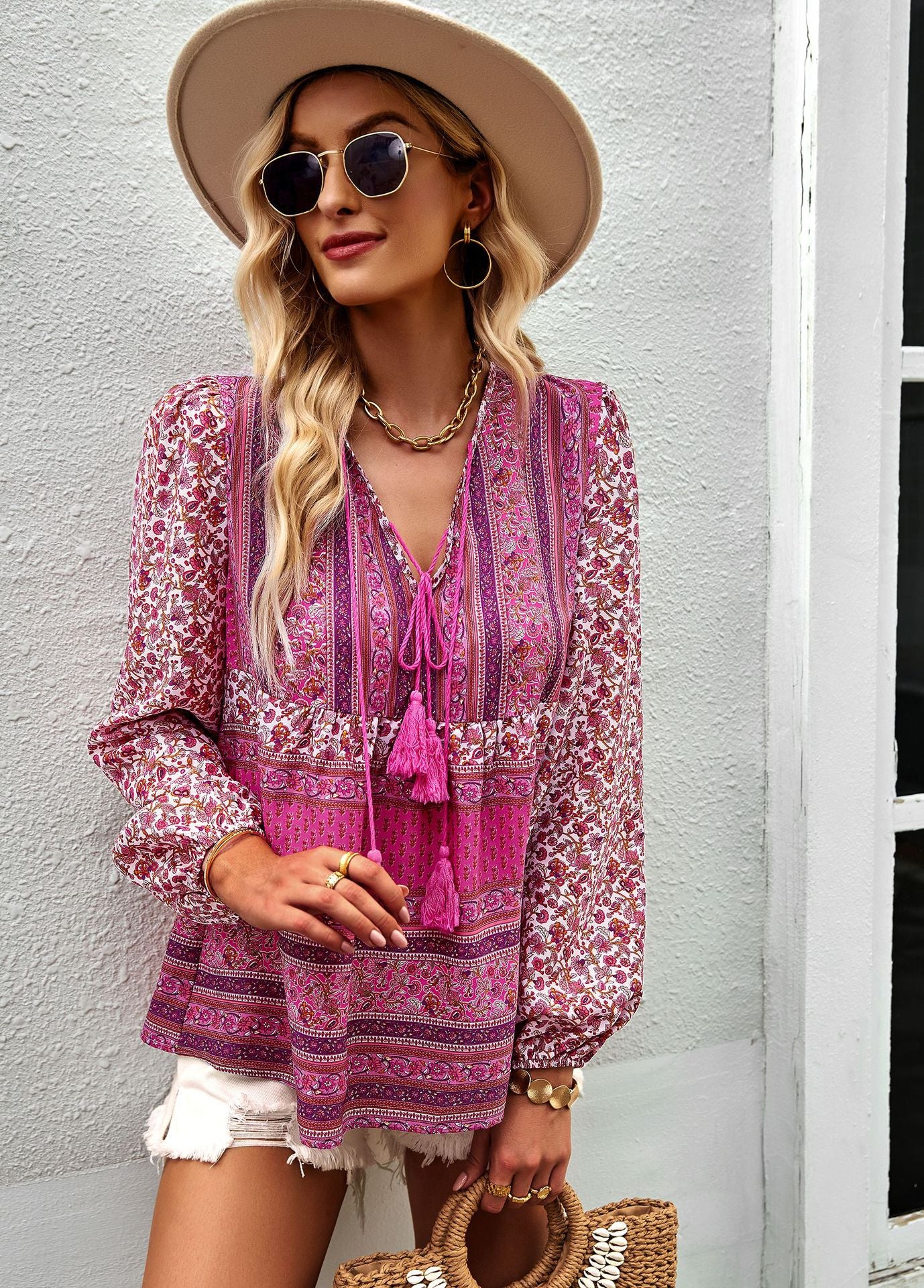 Airy feminine blouse with trendy boho pattern and elegant ruffle details Chic und Stil