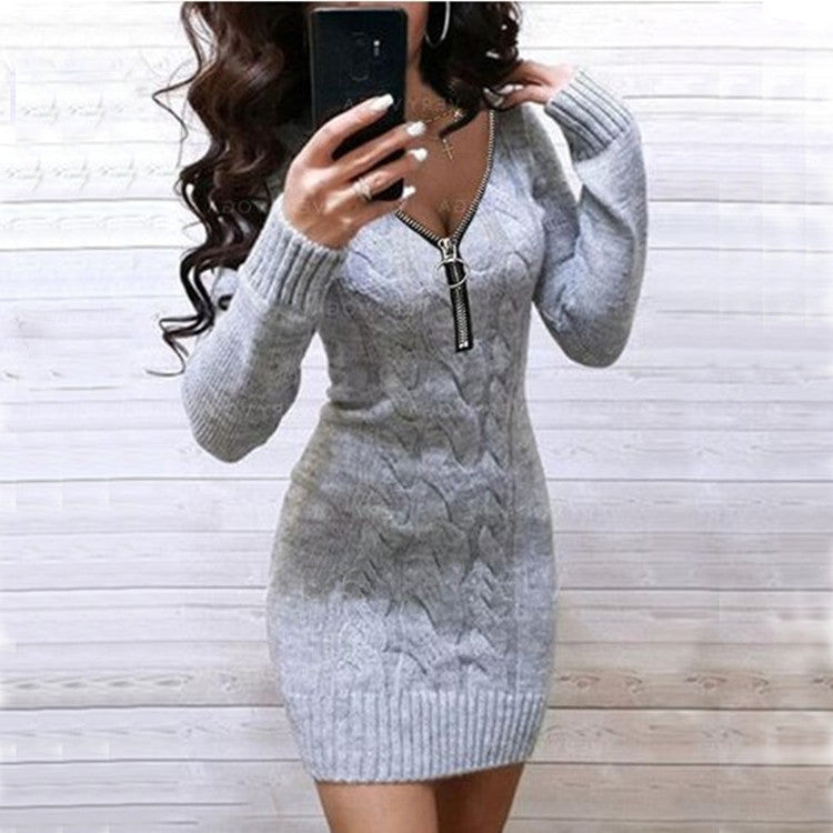 Robe en tricot pour femmes avec une fermeture éclair avant riche en détails et un motif losange élégant Chic und Stil