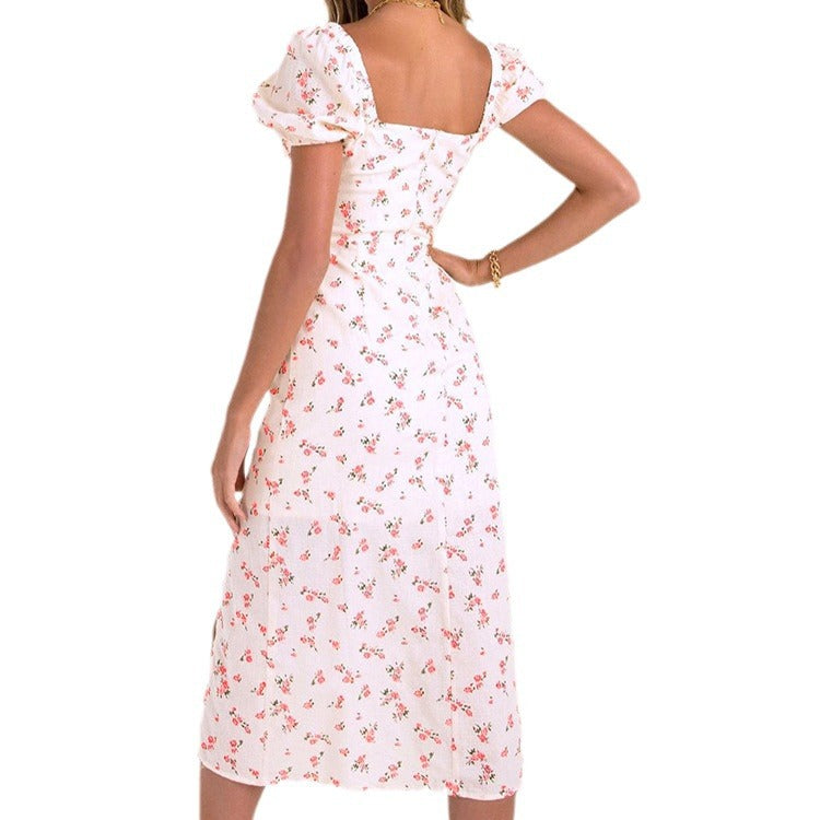 Robe midi florale pour femmes avec manches bouffantes et fente latérale Chic und Stil