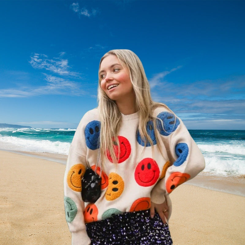 Pull over décontracté pour femmes avec un imprimé de smileys joyeux Chic und Stil