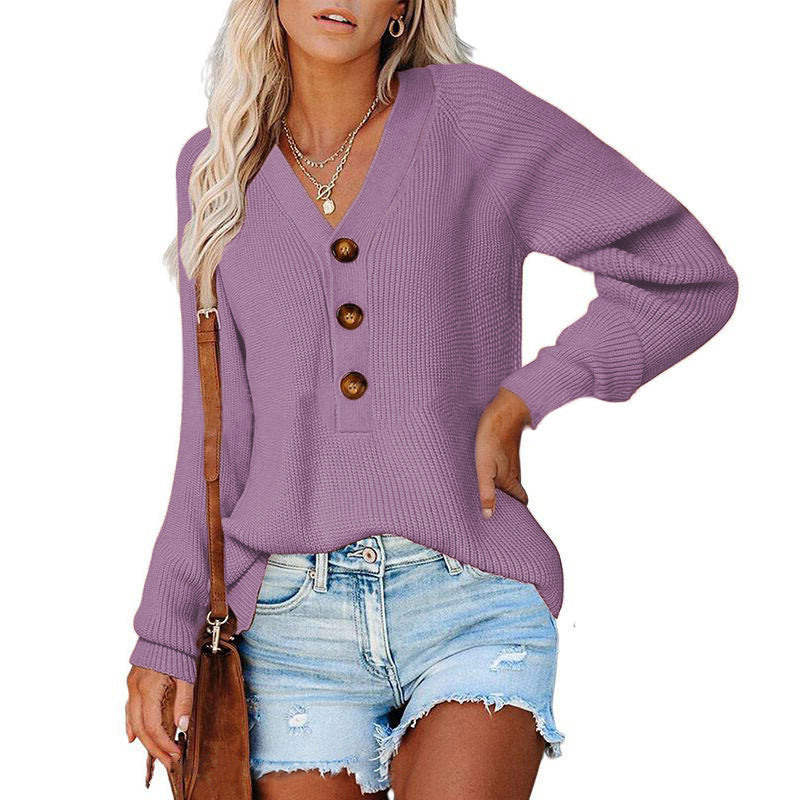 Pull en tricot pour dames avec détails de boutons et décolleté en V plongeant Chic und Stil