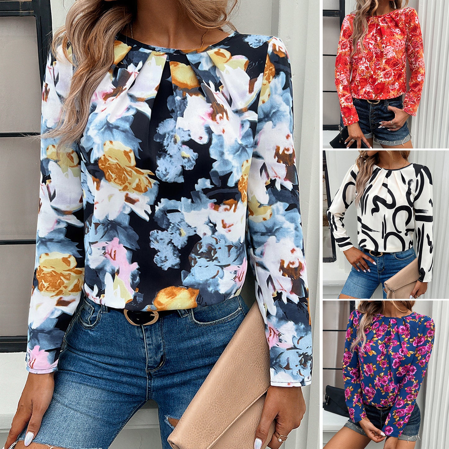 Women's blouse with floral patterns and elegant pleating Chic und Stil