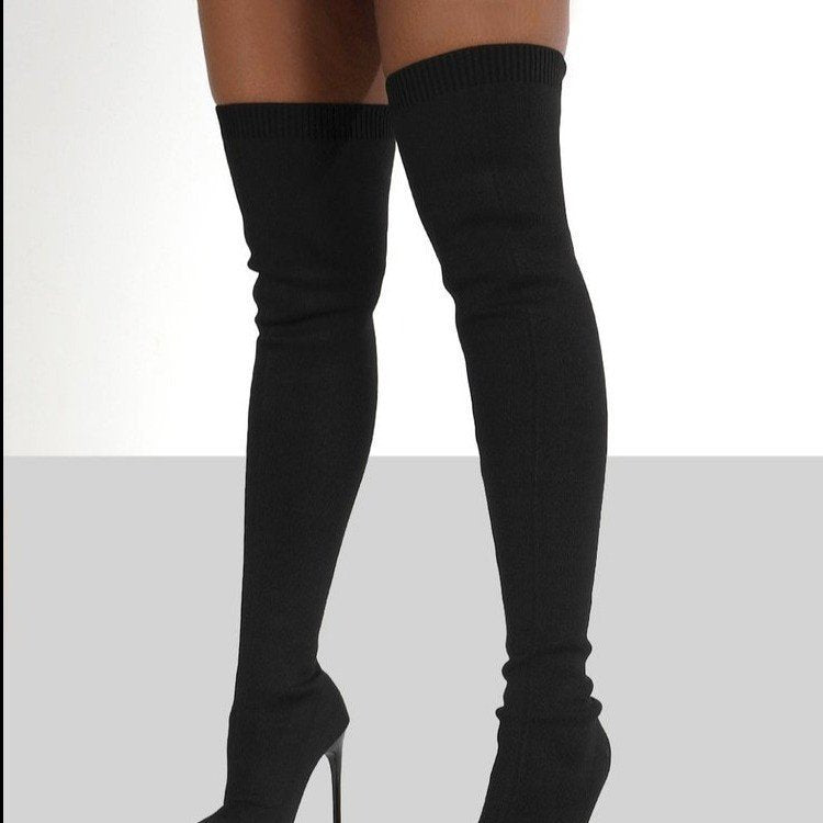 Bottes dames au genou avec un élégant talon et une structure en tricot de haute qualité Chic und Stil