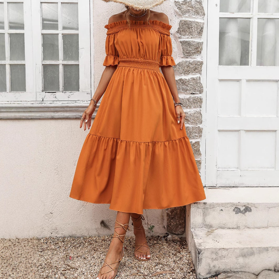 Robe maxi off-shoulder pour dames avec volants et ceinture élastique à la taille Chic und Stil