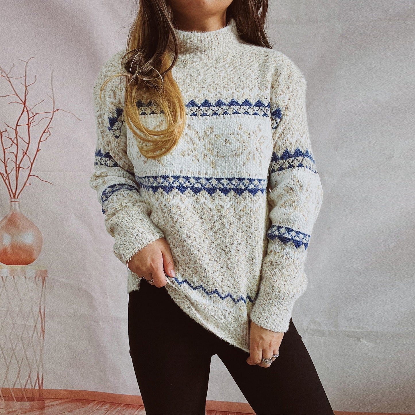 Pull en tricot pour femmes avec motif géométrique et col haut Chic und Stil