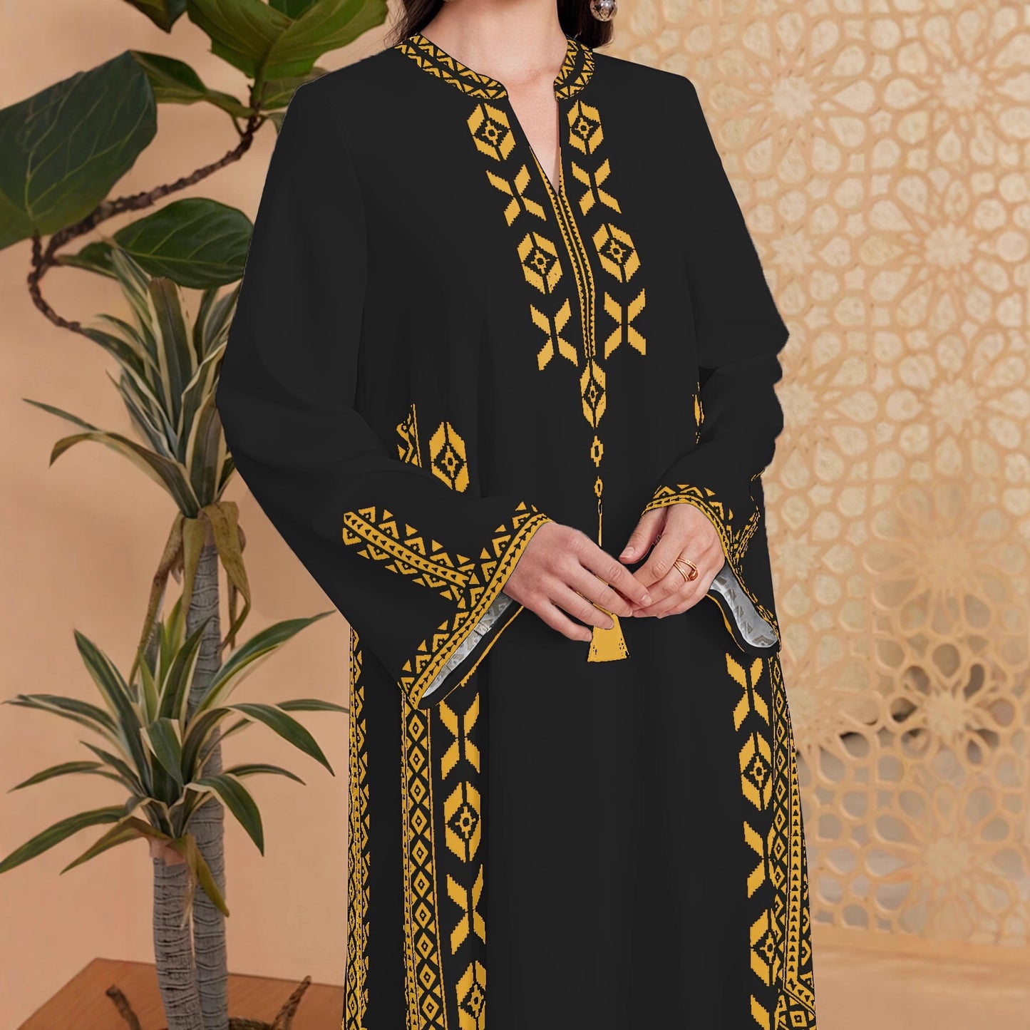 Robe caftan pour femmes avec un design brodé artistique et un élégant décolleté en V Chic und Stil