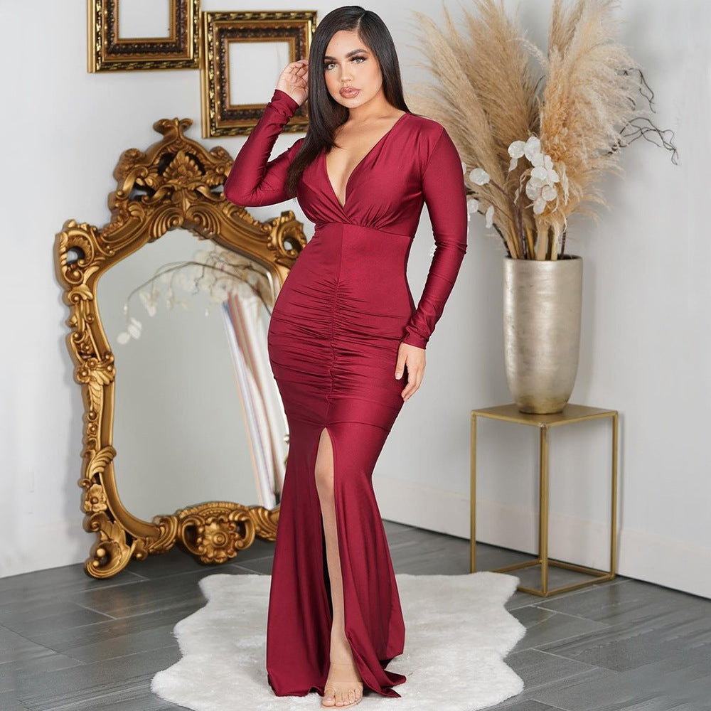 Robe de soirée chic et stylée pour dames à fente haute et volants