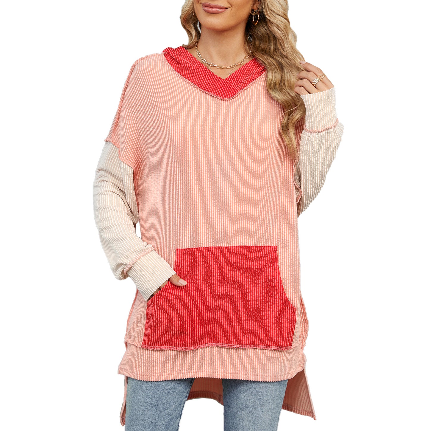 Pull long décontracté pour dames avec capuche et poche latérale Chic und Stil