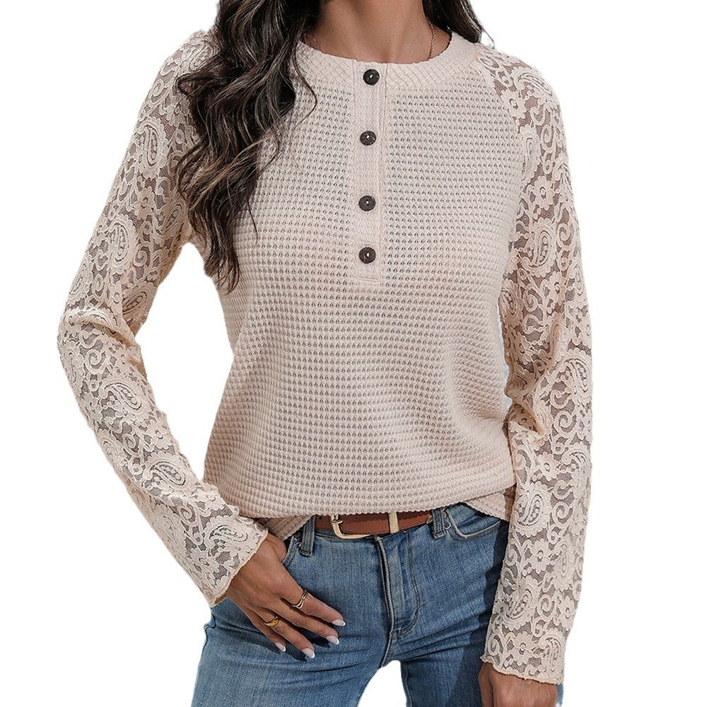Chemise à manches longues en dentelle pour femmes avec détails de boutons et devant texturé Chic und Stil