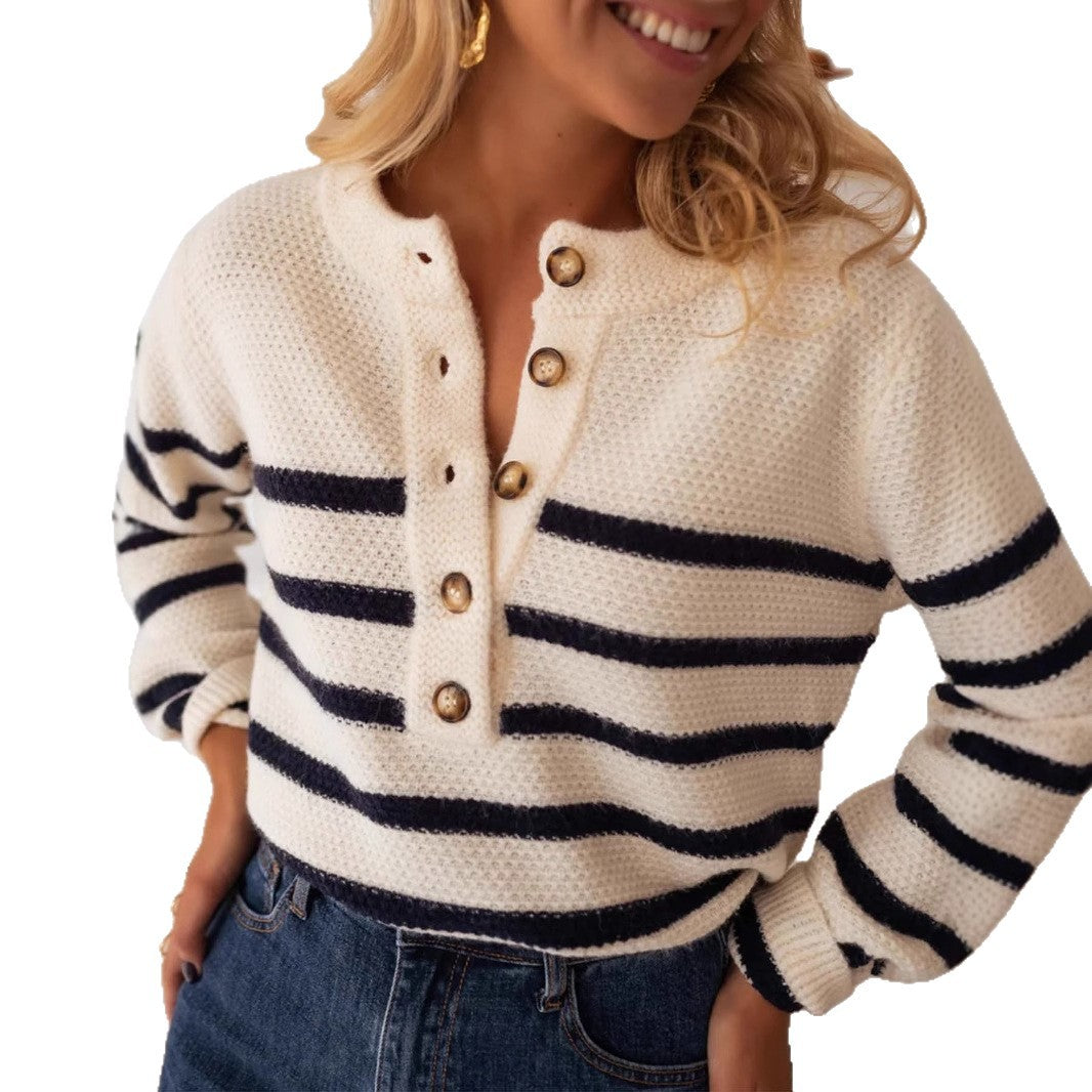 Dames pull en tricot rayé de haute qualité avec détail de bouton et coupe décontractée Chic und Stil