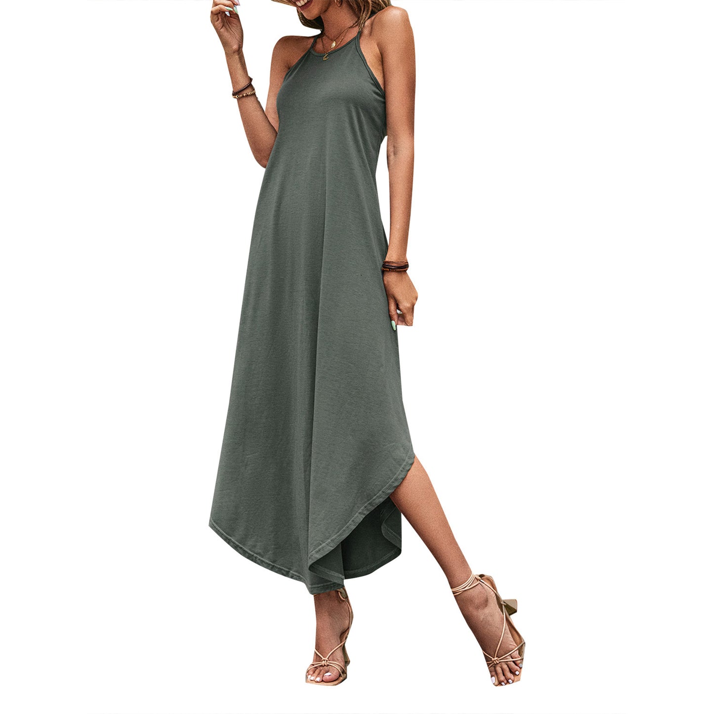 Robe maxi femme avec des bretelles spaghetti élégantes et un ourlet asymétrique Chic und Stil