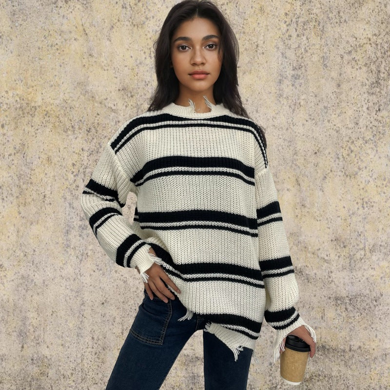 Pull oversized en grosse maille pour femmes avec franges et rayures transversales Chic und Stil