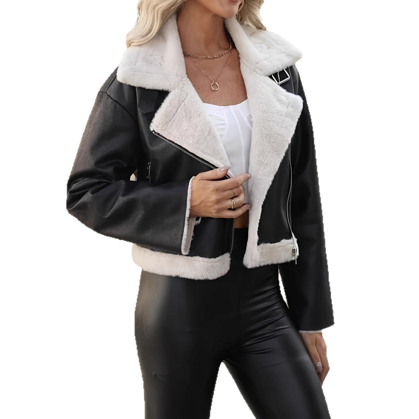 Fashionable synthetic leather jacket for women with faux fur collar and fitted cut Chic und Stil