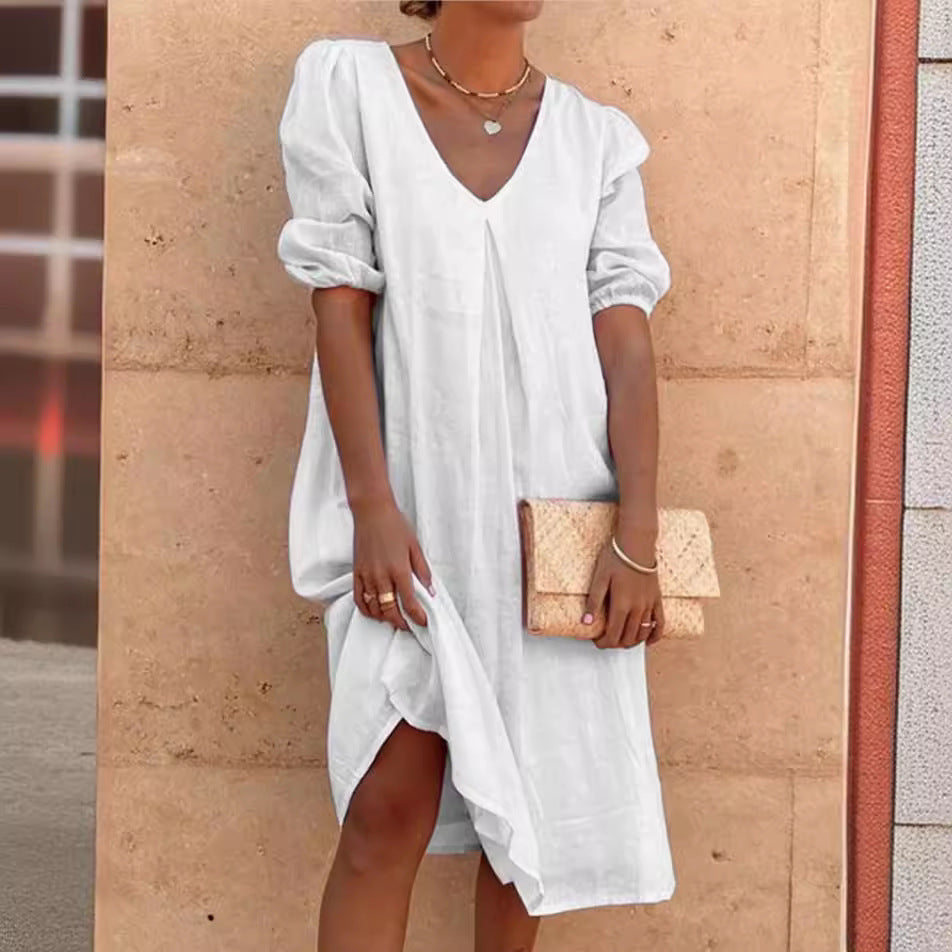 Robe midi à encolure en V à manches bouffantes pour femmes Chic und Stil