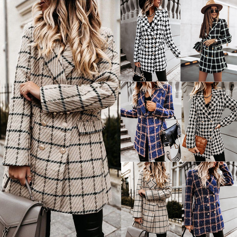 Blazer de compression à carreaux surdimensionné pour femmes avec double rangée de boutons Chic und Stil