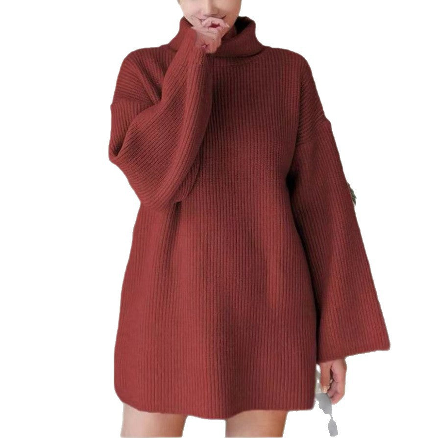 Dames Pull en tricot long avec col montant et manches évasées Chic und Stil