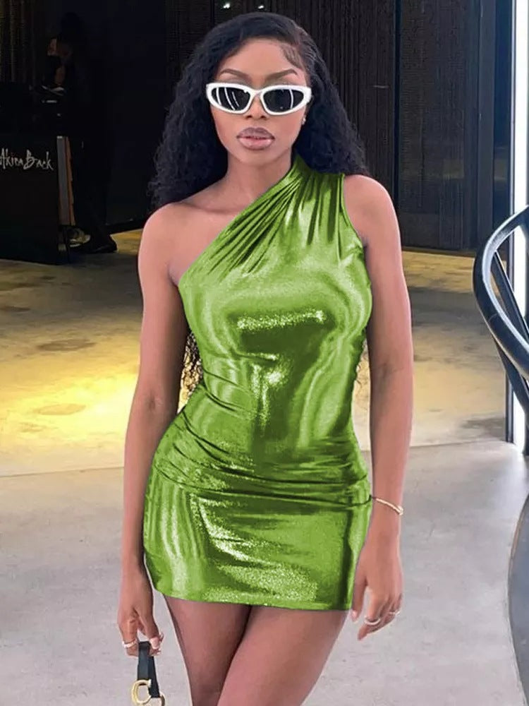 Robe Bodycon Métallique À Épaule Unique Femme Chic und Stil