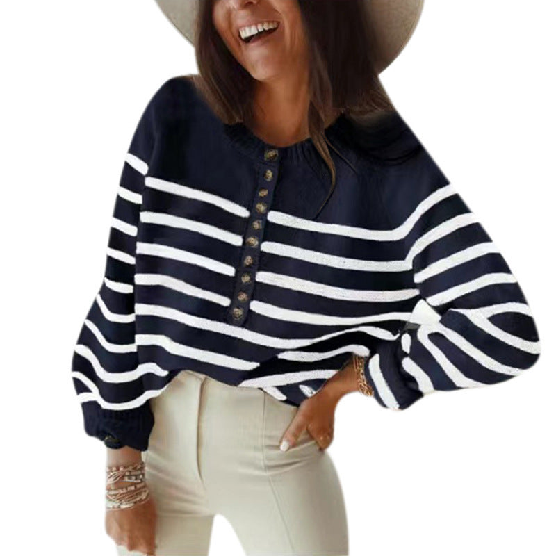 Pull en tricot rayé pour femmes avec patte de boutonnage et coupe ample Chic und Stil