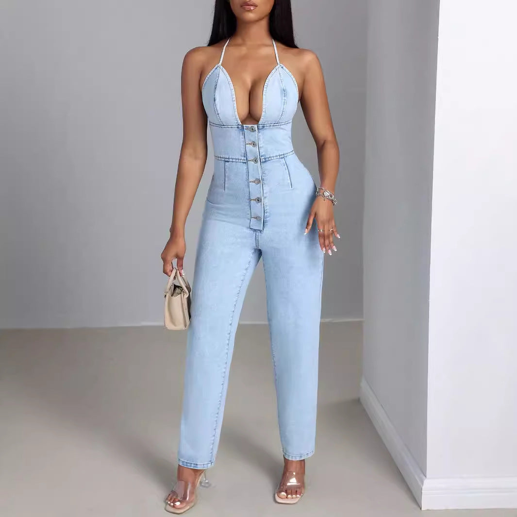 Combinaison en denim pour femmes avec décolleté en V profond et patte de boutonnage Chic und Stil