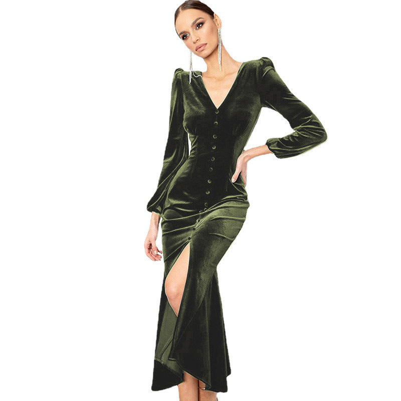 Robe maxi en velours pour femmes avec décolleté en V profond et détails de bouton Chic und Stil