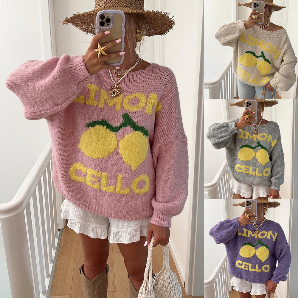 Cardigan à mailles épaisses pour femmes avec un motif de citron unique et une fermeture à boutons Chic und Stil