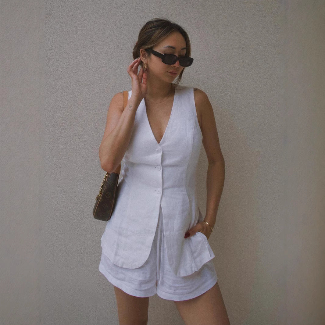 Dames Élégante Blouse en Lin avec Ensemble de Shorts Chic und Stil