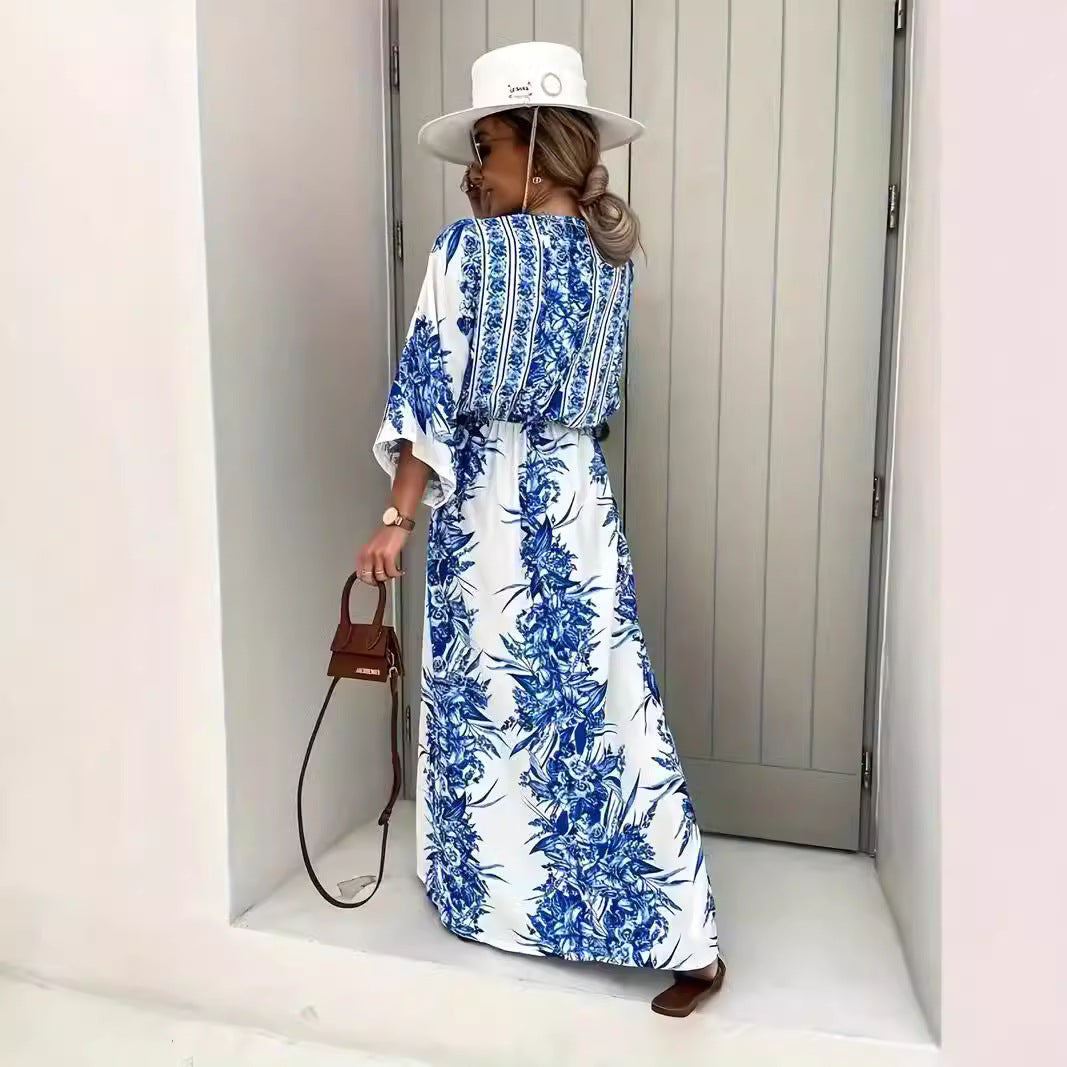 Robe maxi bohème pour femmes avec décolleté en V élégant et ceinture cintrée Chic und Stil