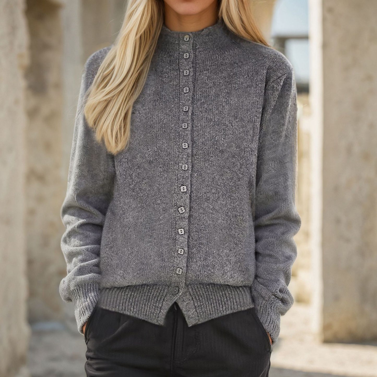 Knitted jacket for women with decorative buttons and a high collar Chic and Style