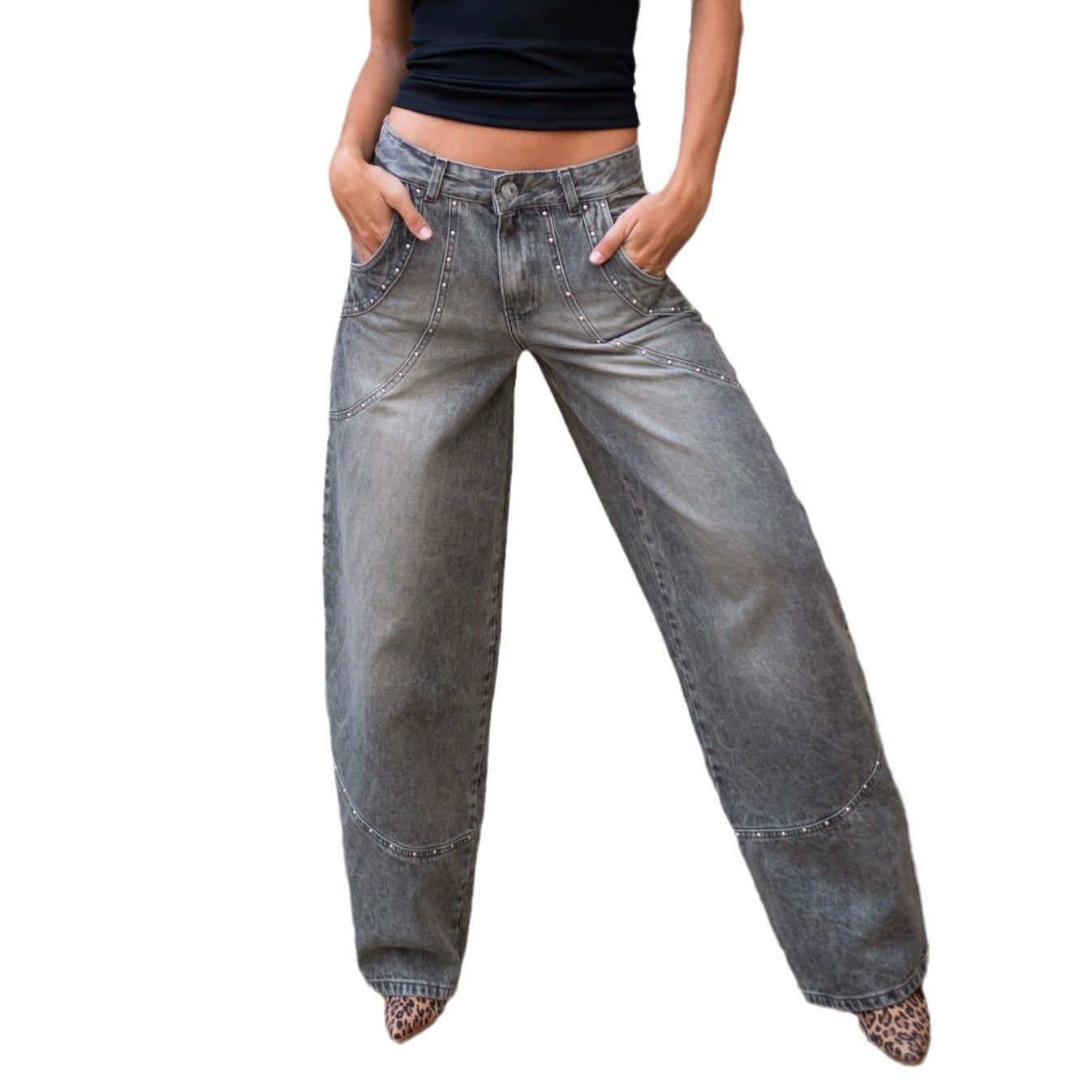 Ladies loose denim pants with jewelry details Chic and Style