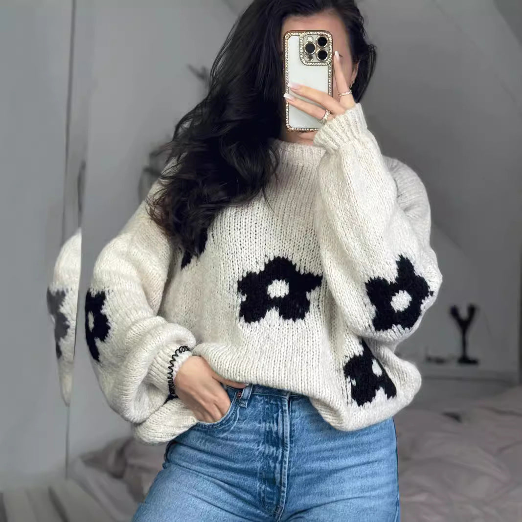 Pull oversized pour dames en tricot épais avec des motifs floraux folkloriques et une coupe décontractée Chic und Stil