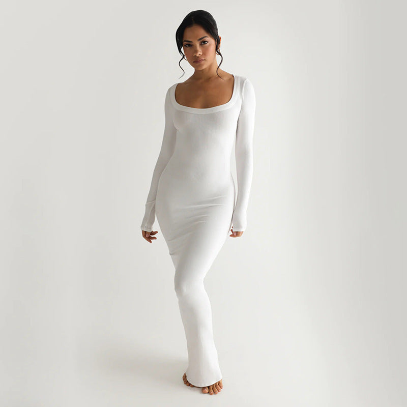 Dames Élégante robe longue avec décolleté en U profond et manches longues Chic und Stil