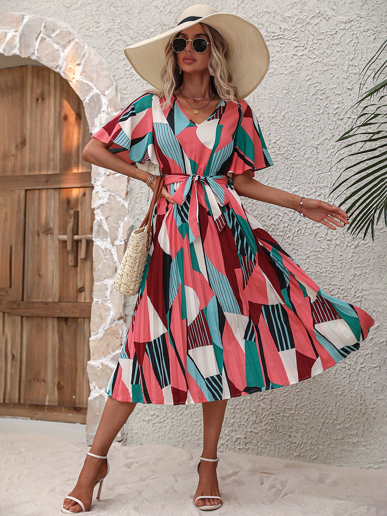 Robe midi pour femme avec motif graphique et ceinture élastique à la taille Chic und Stil