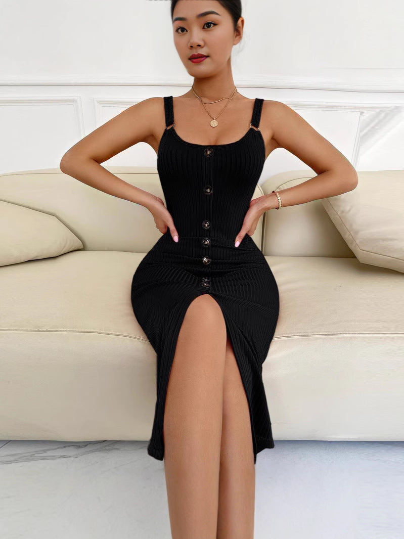 Robe midi cintrée pour femme avec patte de boutonnage et fente Chic und Stil