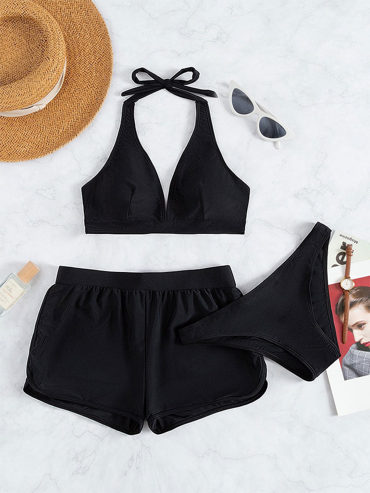 Dames Ensemble de bikini à halter élégant avec shorts imprimés Chic und Stil