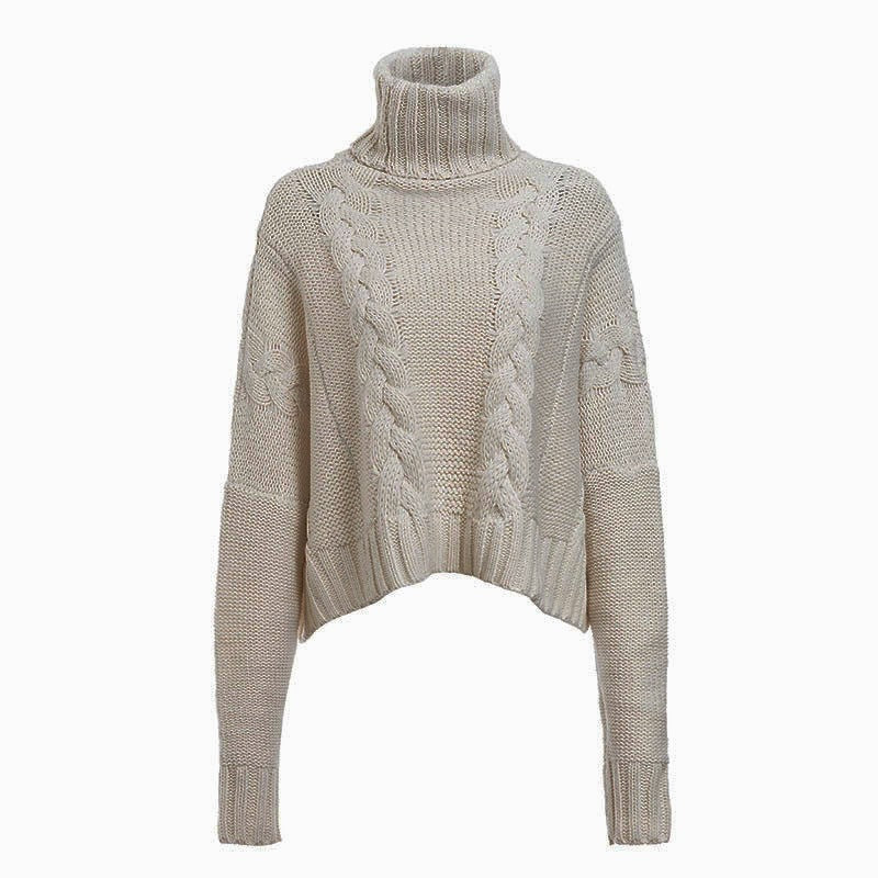 Pull en grosse maille pour femmes avec col haut et design de torsades unique Chic und Stil
