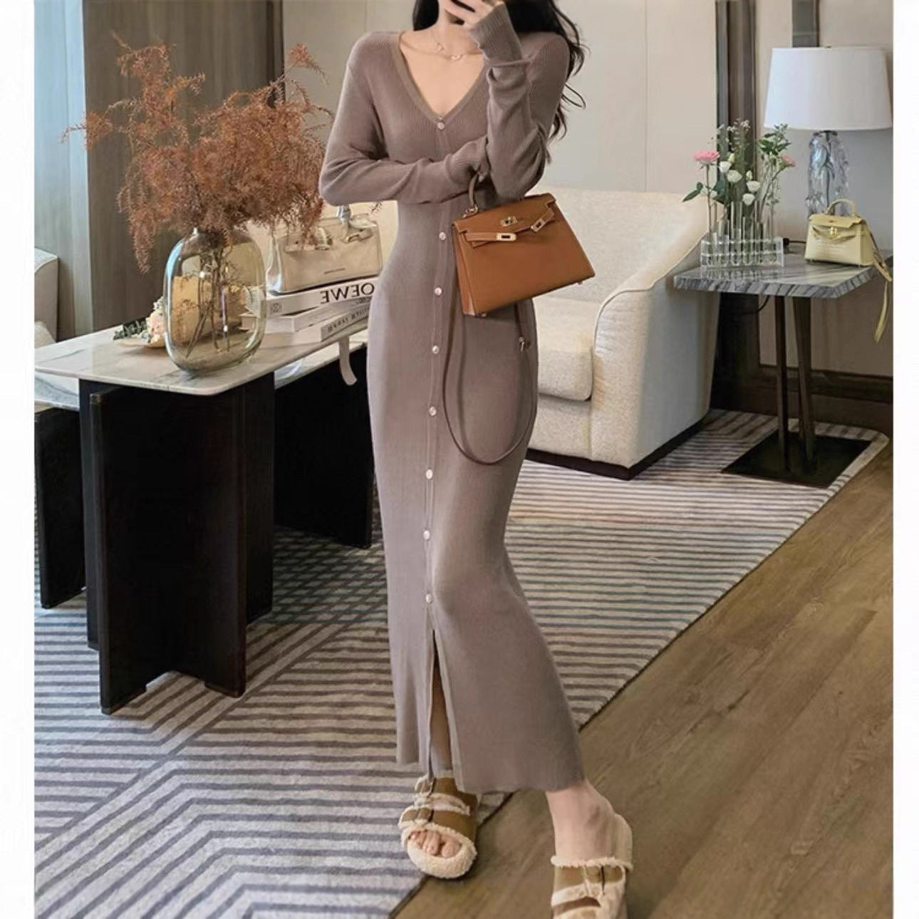 Dames Élégant Maxi Robe avec Détails de Bouton et Décolleté en V Chic und Stil