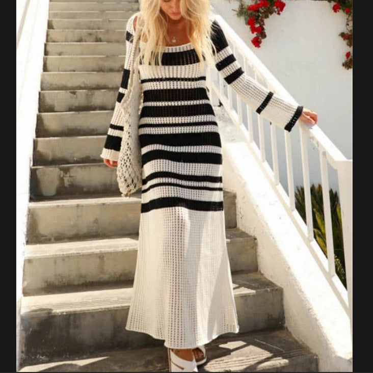 Robe maxi en tricot pour femmes avec un motif rayé à la mode et des manches élégantes Chic und Stil