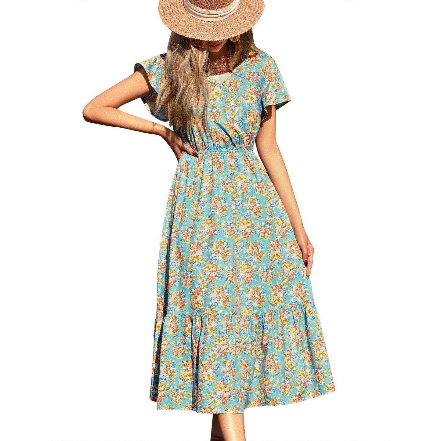 Robe maxi d'été pour femmes avec des motifs floraux et un insert élastique à la taille Chic und Stil