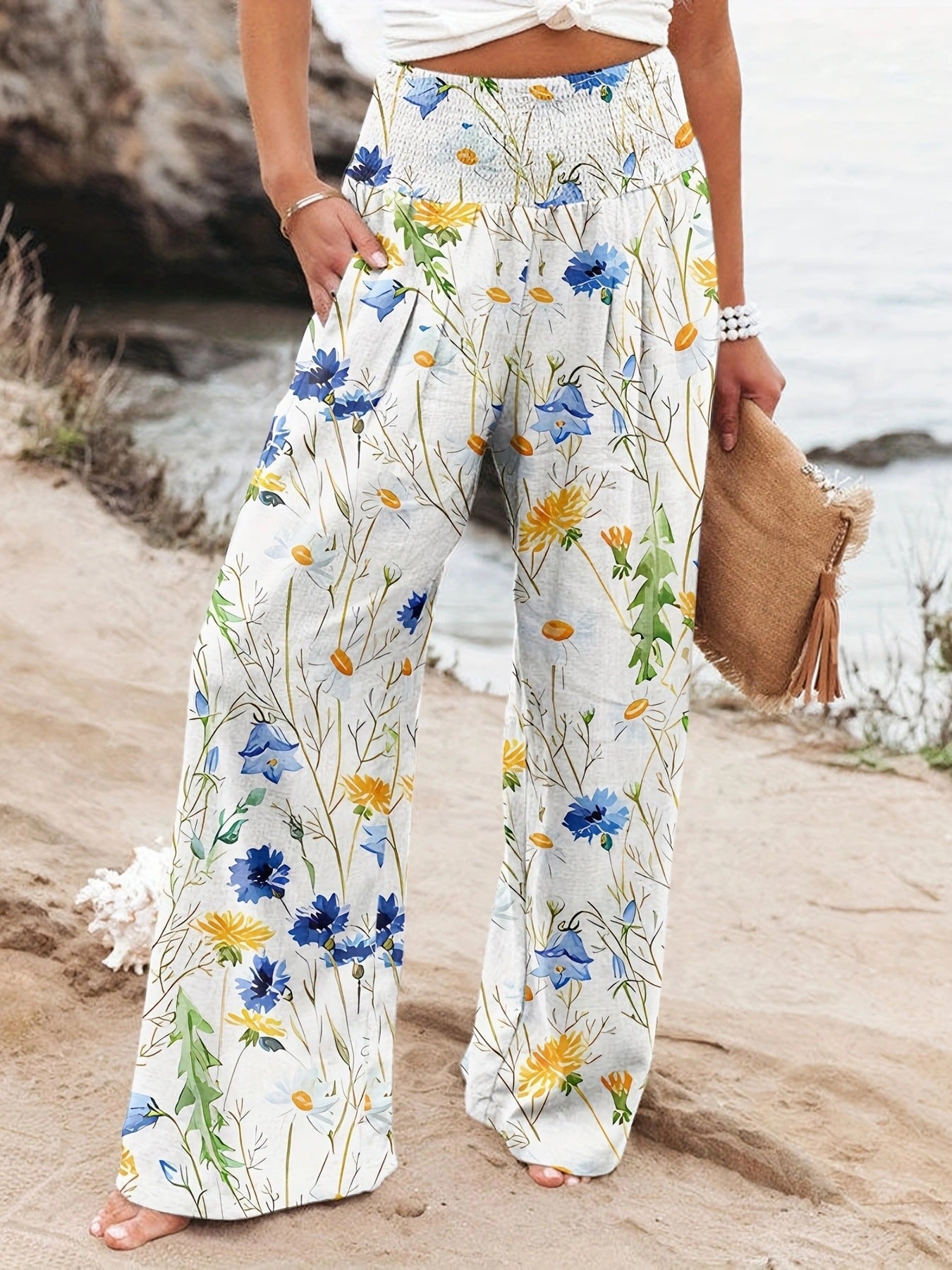 Pantalon d'été ample pour femmes avec imprimé floral et ceinture élastique Chic und Stil