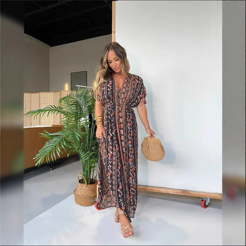 Robe maxi élégante pour femmes avec imprimé à la mode et décolleté en V Chic und Stil