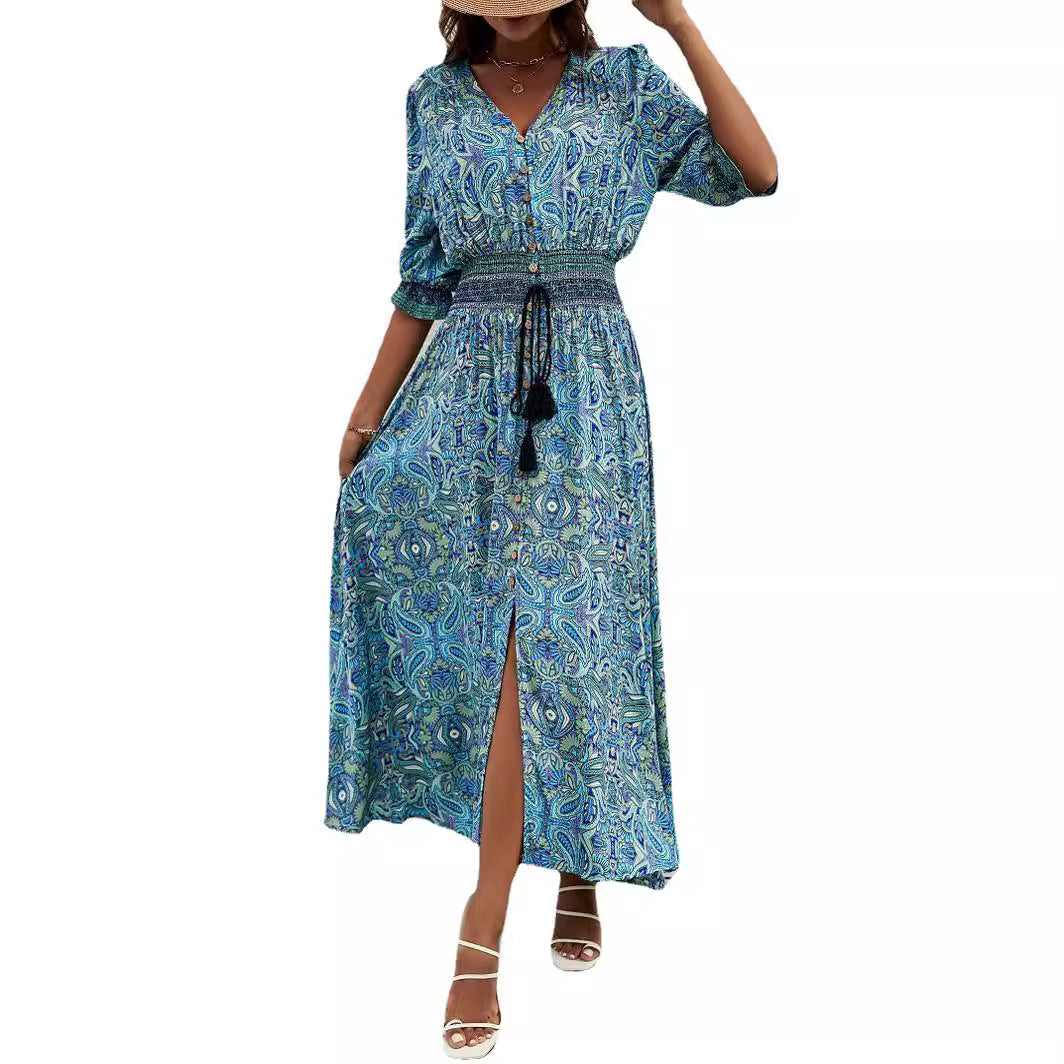Robe maxi femme avec ceinture amovible à la taille et motif artistique Chic und Stil