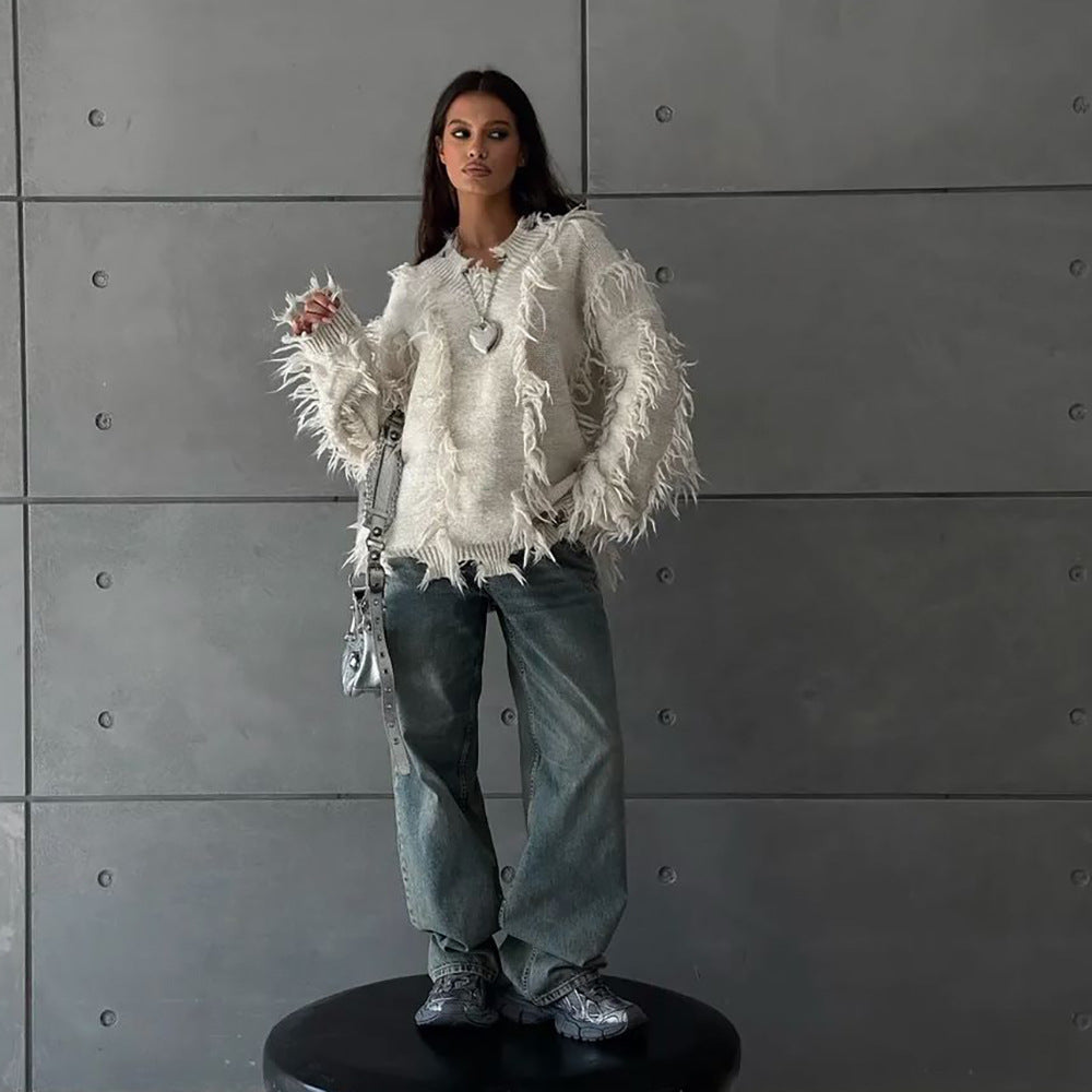 Pull en tricot pour femmes avec design frangé décontracté Chic und Stil