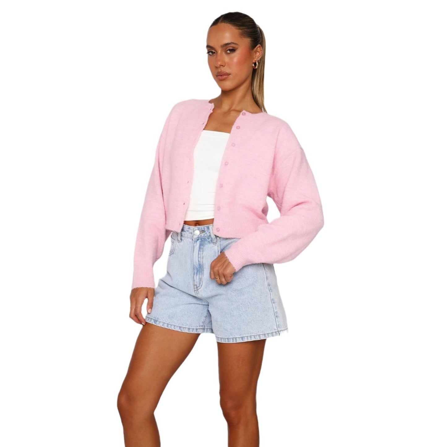 Cardigan cropped tricoté pour femmes avec fermeture à bouton Chic und Stil