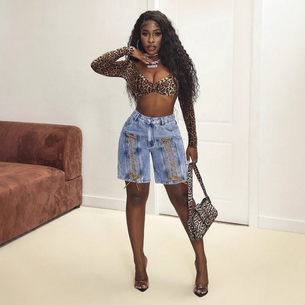 Shorts en denim décontractés pour femmes avec des détails tendance en lacet Chic und Stil
