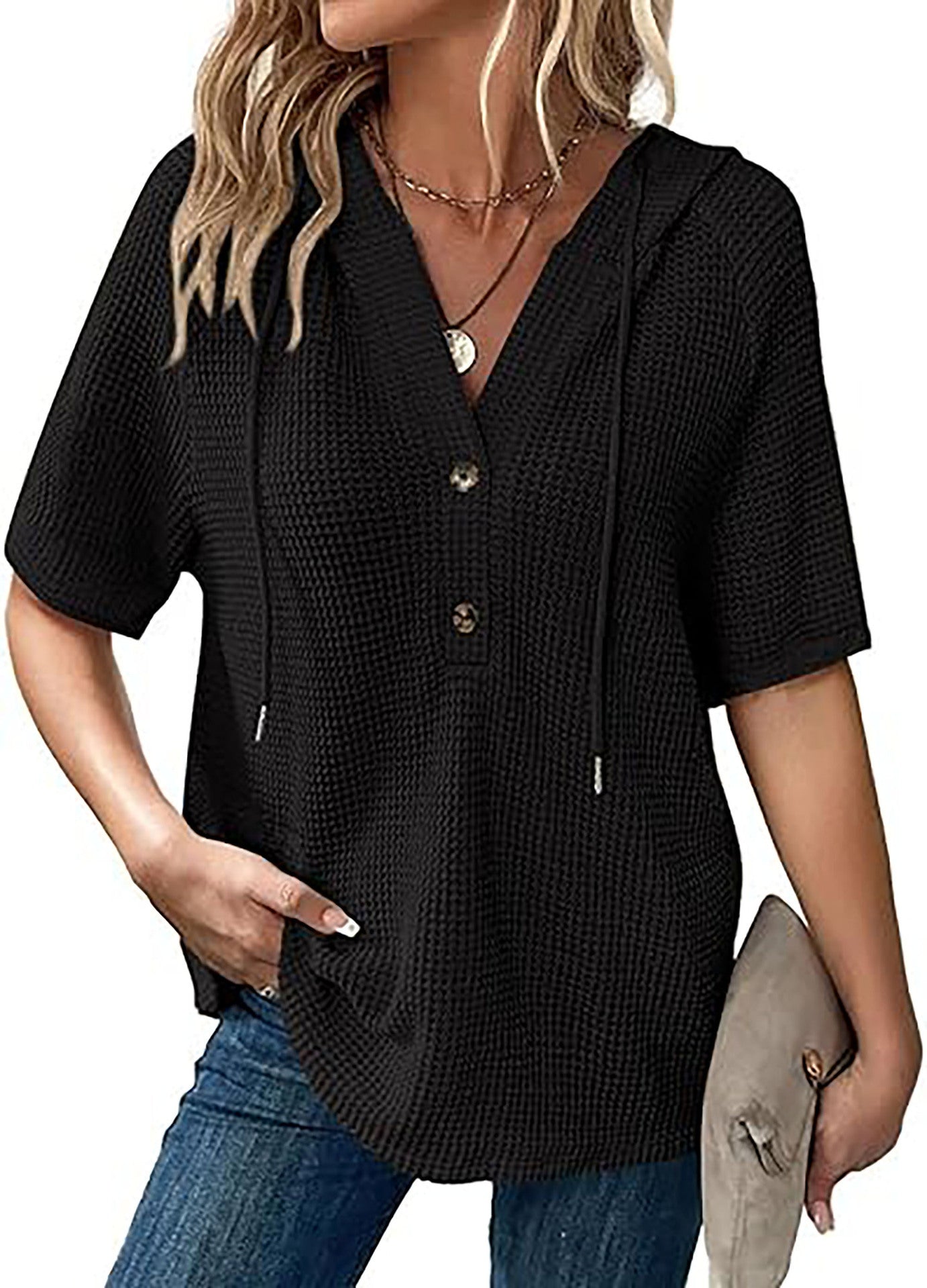 Women's short-sleeved waffle-knit blouse with hood and button placket Chic und Stil