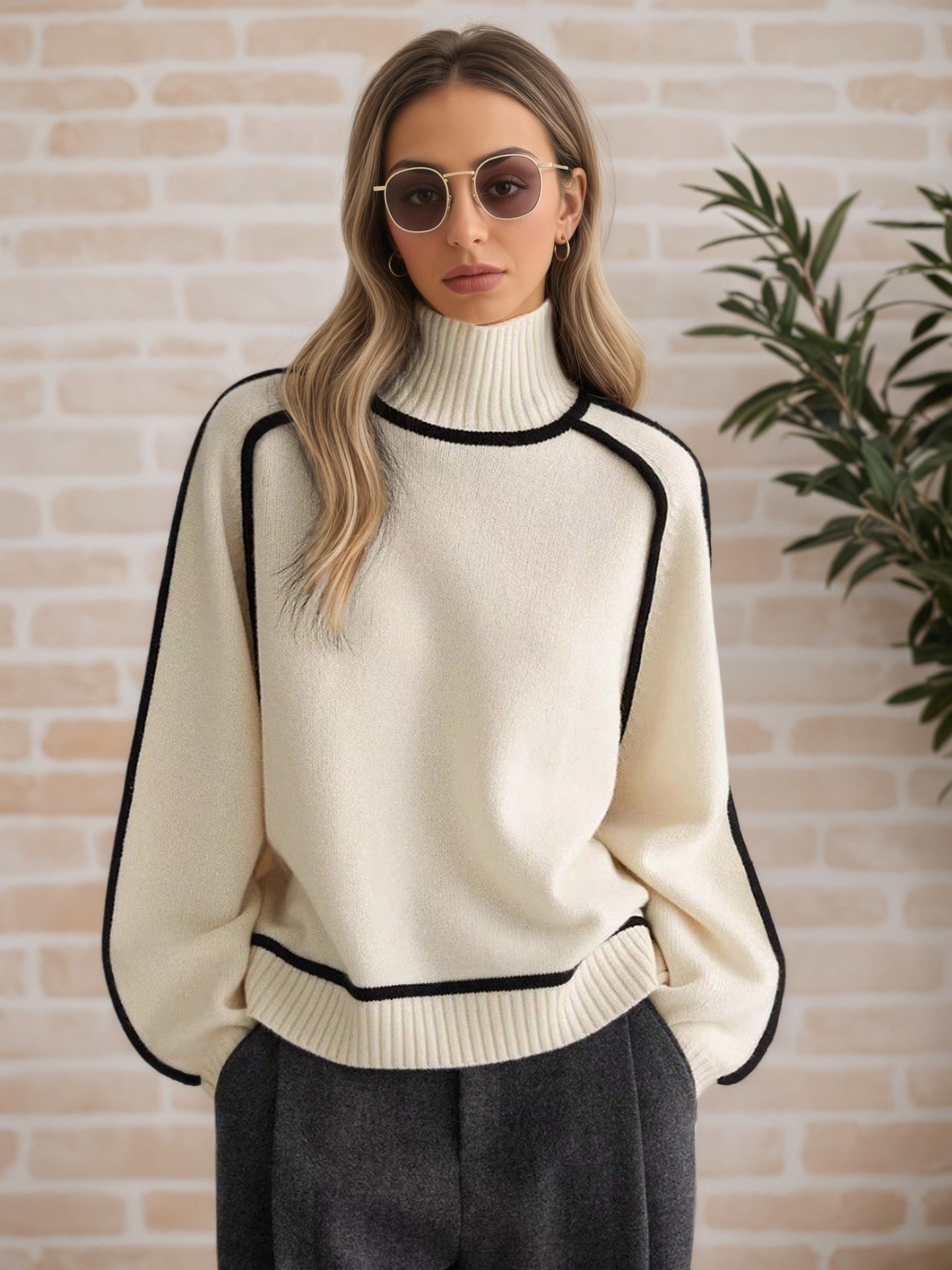 Pull femme avec col haut et détails de structure modernes Chic und Stil