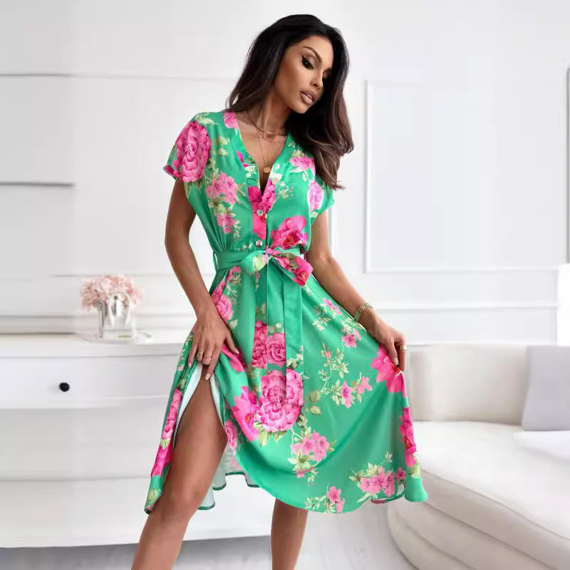 Robe midi à motif floral pour femmes avec ceinture à nouer Chic und Stil